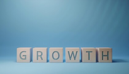 Wooden blocks spelling the word 'growth' symbolize progress and development in a minimalistic setting.