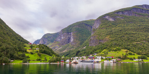 The village of Undredal along the Aurlandsfjord, Norway, as seen from a Flam boat cruise