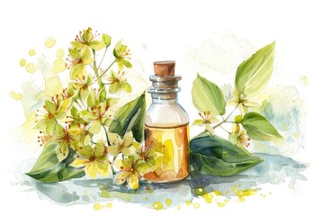 Natural Linden Essential Oil and Fresh Flowers. Aromatherapy and Wellness Concept