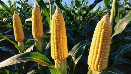 Corn cobs in corn plantation field. Ai Generative.
