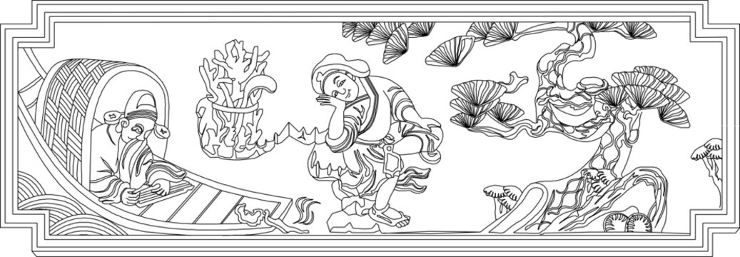 Vector sketch, illustration, silhouette, abstract painting design, king, queen, kingdom, background frame pattern, Chinese traditional ethnic vintage ornament decoration image
