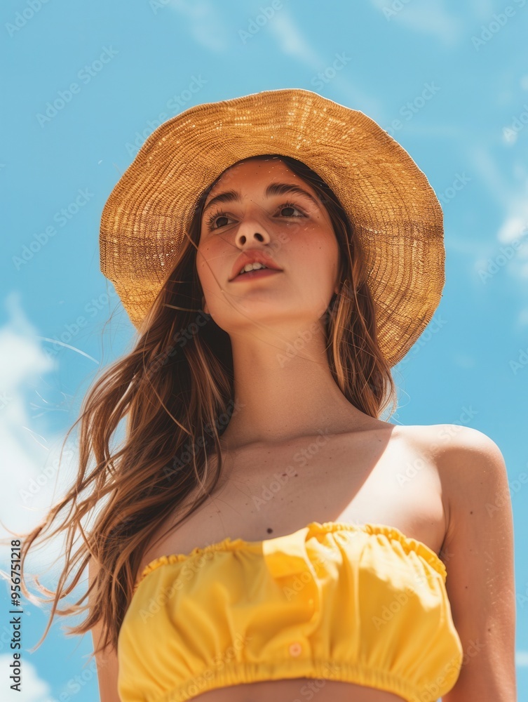 Poster A woman is brightening her summer day in a yellow outfit and straw hat, looking up at the clear blue sky, enjoying the warm weather. Generative AI