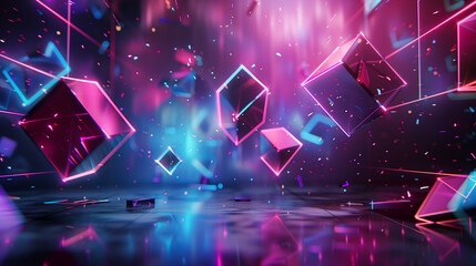 Futuristic abstract background featuring neon geometric shapes suspended in a dark, reflective space.