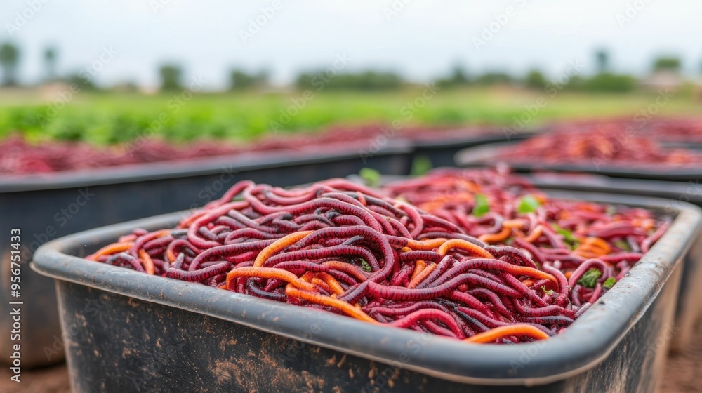Poster vermicomposting bins on an organic farm using worms to create nutrient rich compost as part of susta