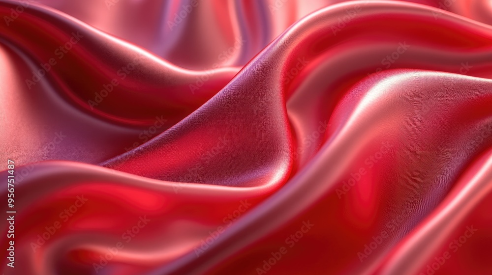Poster Light crimson fabric curves in a smooth, abstract flow, the glossy texture catching light. The image is softly focused, with space for text or design elements.