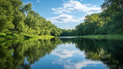 Tranquil River Scene with Green Trees and Blue Sky.