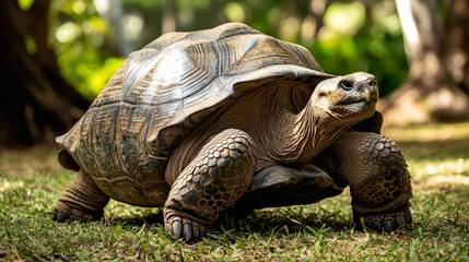 Obraz premium A large tortoise is walking on the grass