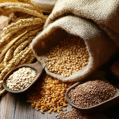 Fototapeta premium Grains include quinoa, millet, barley, and oats, emphasizing natural, healthy ingredients.