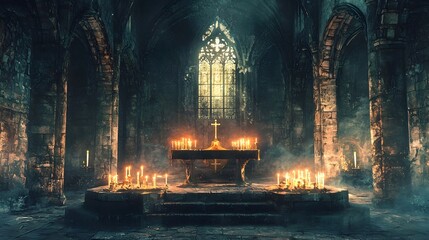 Candle-lit Gothic Altar in Mystical Watercolor Church Interior