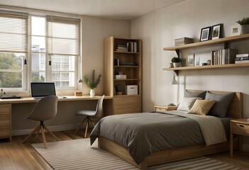 Modern minimalistic bedroom interior with wooden furniture and natural light