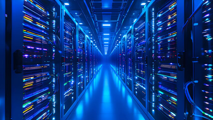 Brightly illuminated server room with racks of data storage, showcasing advanced technology in a modern data center
