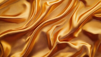 Fototapeta premium Luxurious gold silk fabric with delicate, shiny reflections, creating a soft, flowing wave pattern. Top view.