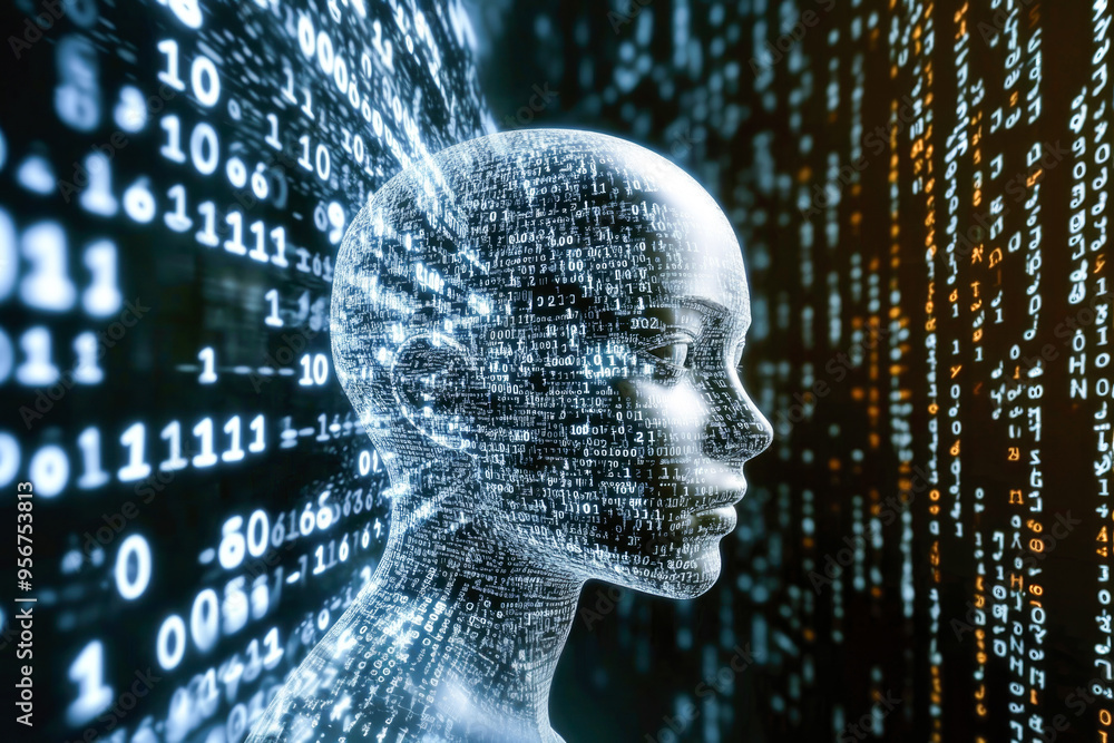 Poster a digital human head surrounded by flowing binary code, representing artificial intelligence and dig