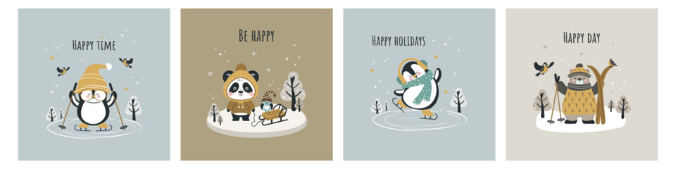 A set of festive winter postcards with cute characters who skate and ski. Bear, penguin, panda. Vector design