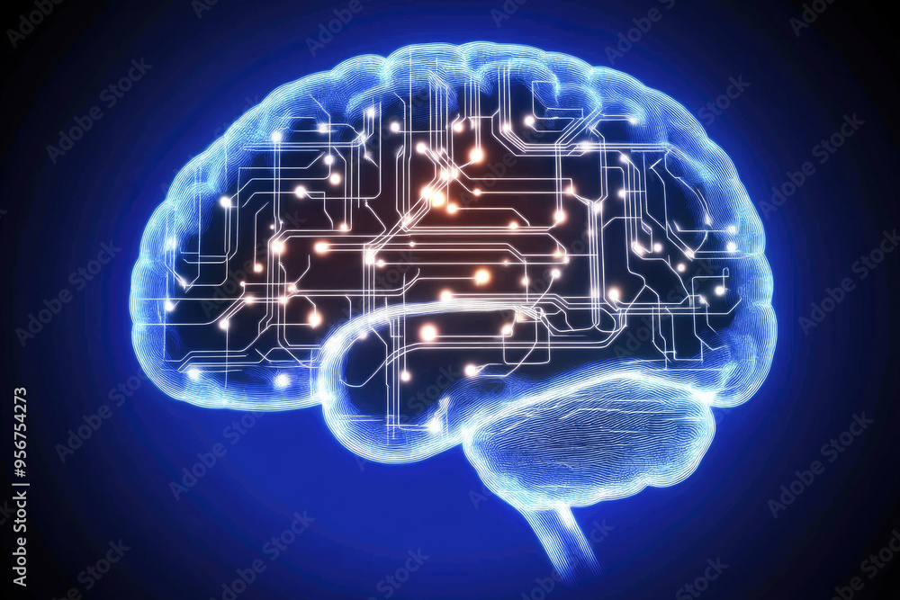 Poster a glowing digital brain with electronic circuits, representing artificial intelligence and neural ne