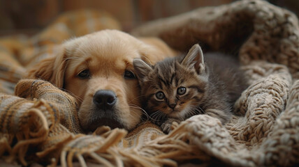 Obraz premium Best friends cat dog resting on the carpet