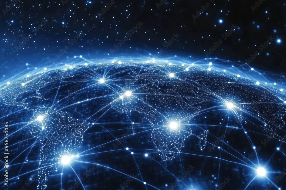 Poster a visualization of a global network with interconnected points, representing global communication an