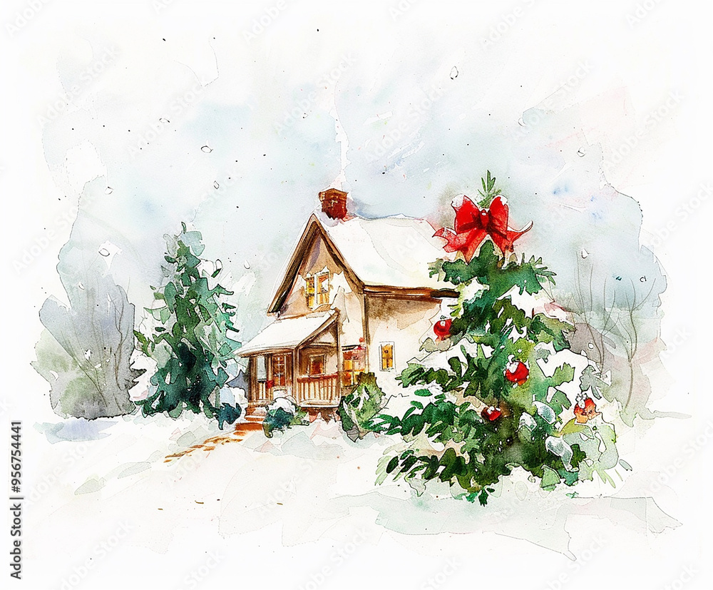 Sticker A house with a chimney and a tree with a red ribbon on it. The house is surrounded by trees and snow