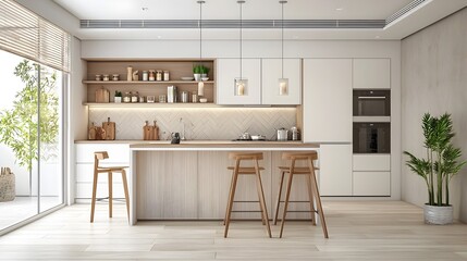 Obraz premium Elegant Modern Minimalist Kitchen Design with Warm Tones and Wooden Accents