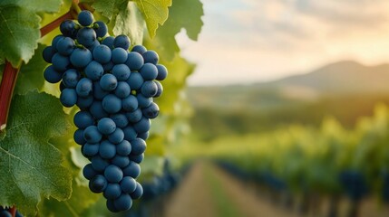 Fototapeta premium Lush organic vineyard with ripe grapes on the vine showcasing sustainable wine production methods and a deep depth of field