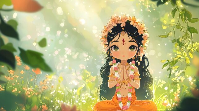 Chibi-style Goddess Parvati with a flower garland in a garden