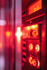 A glowing fire alarm control panel emits soft red light in quiet, empty space, creating an atmosphere of alertness and safety.
