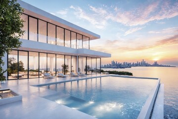 Fototapeta premium 3D rendering modern luxury villa stunning view city luxurious mo