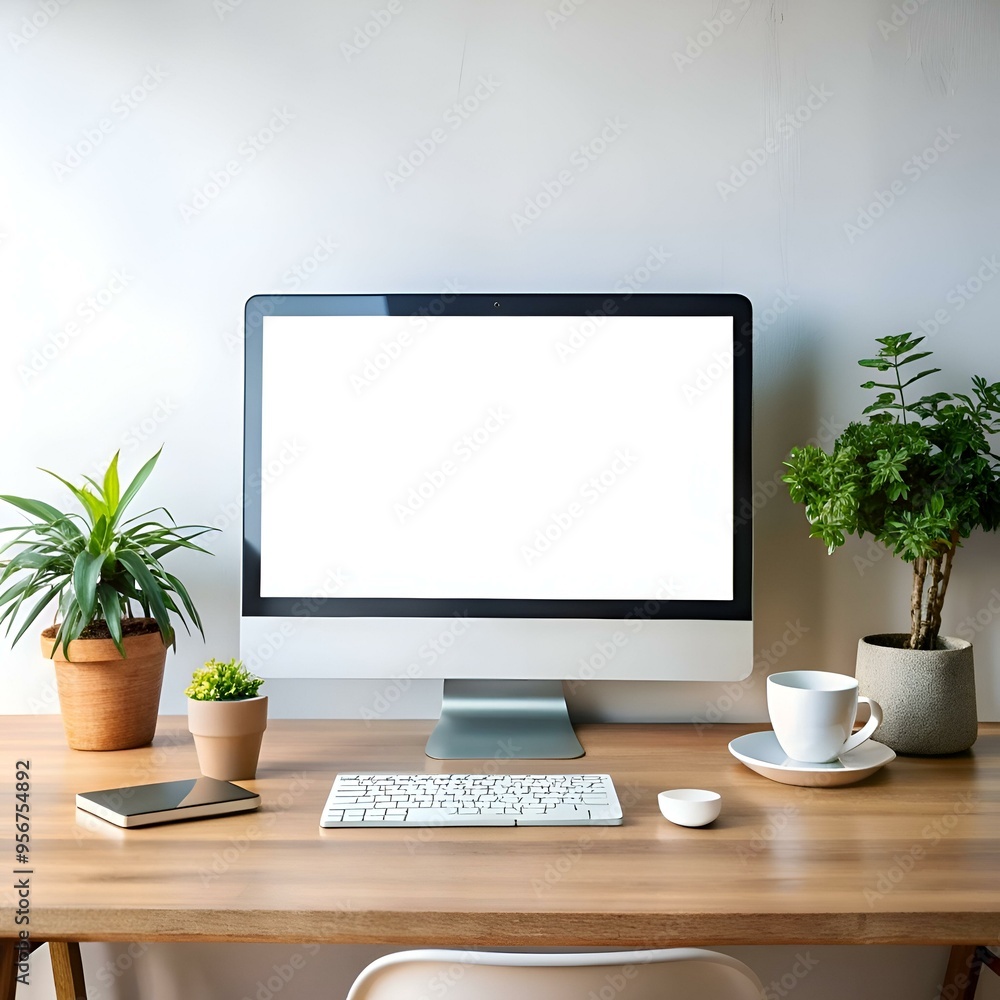 Poster a clean and minimalist workspace with a blank computer screen. keyboard. mouse. and plants.