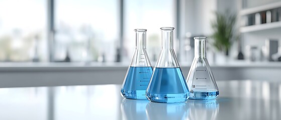 Close-up of lab flasks with blue liquid, minimalistic modern lab setting