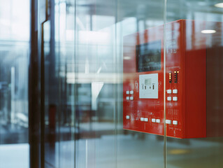 Fire alarm control panel on glass wall, showcasing modern safety technology and design.