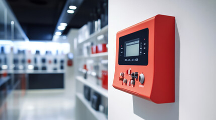 Fire alarm control panel on pristine wall, showcasing modern design and technology. vibrant red color stands out in sleek environment.