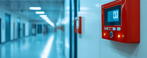 Fire alarm control panel with bright indicators in corridor