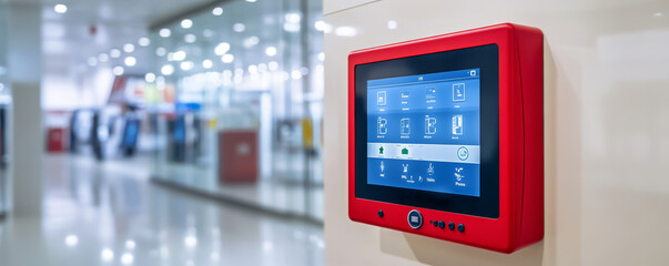 Interactive fire alarm control panel with bright red casing, displayed in modern, well lit environment.