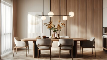 Warm and Inviting Minimalist Dining Room with Wooden Furnishings and Pendant Lighting