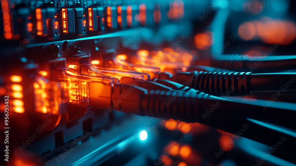 Aufkleber high tech network switches with glowing ethernet cables create vibrant, dynamic scene. intricate con