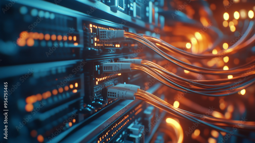 Poster data center with network switches and ethernet cables glowing with light