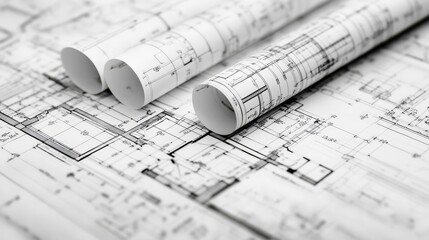 Architectural blueprints and rolled plans on a flat surface, showcasing design details and layout for construction projects.