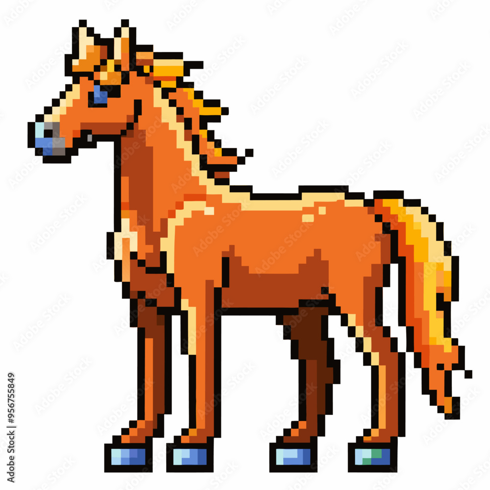 Poster pixel art horse retro video game character design in a 16 bit style