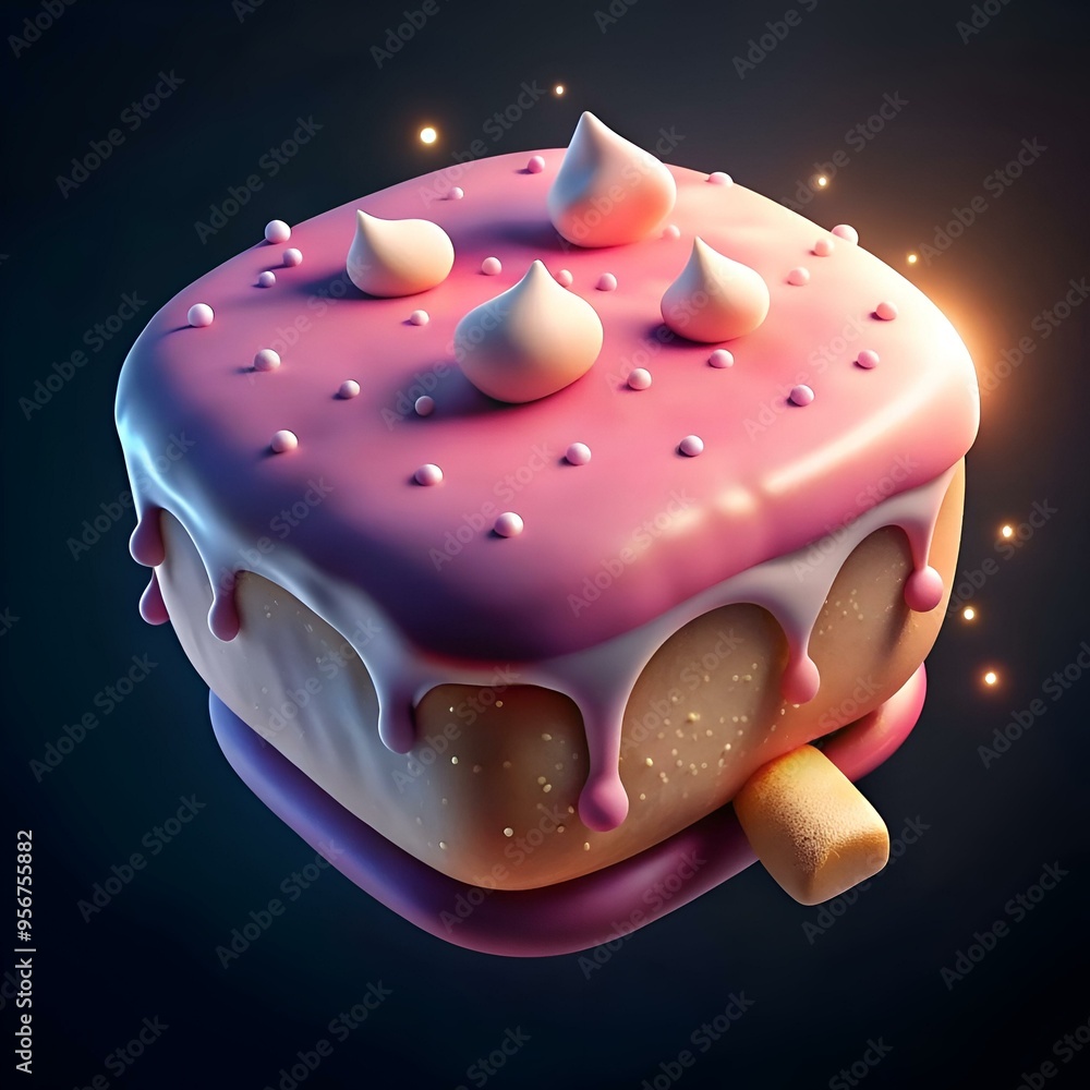 Aufkleber a cute and playful 3d rendering of a pink frosted cake with white frosting drips and meringue toppin