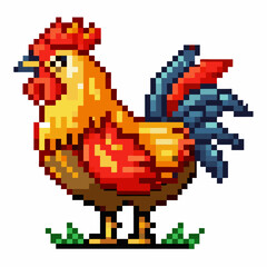 Obraz premium Vibrant Pixel Art Rooster Illustration Retro Style Detailed Graphic