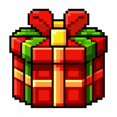 Naklejka premium Pixel Art Gift Box with Red Bow and Green Ribbon for Christmas or Birthday Celebration