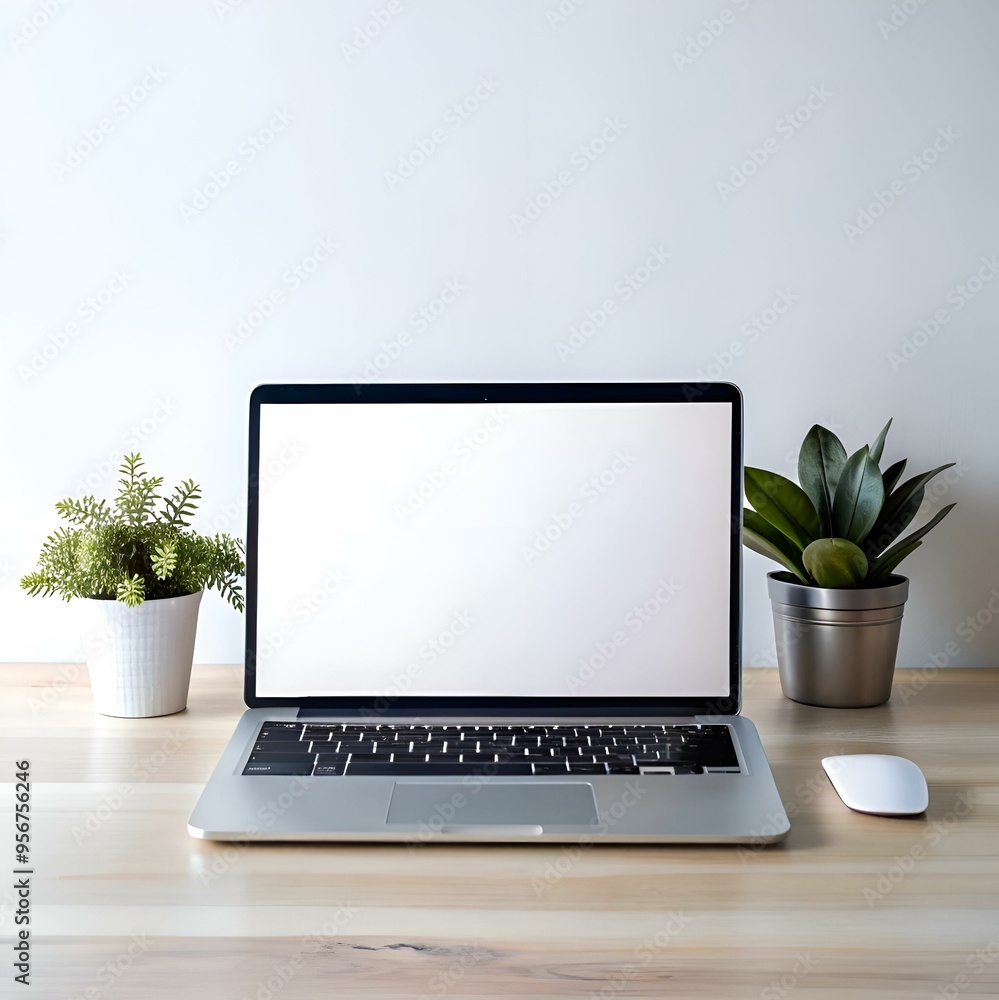 Poster clean and minimalistic workspace featuring a laptop with a blank screen. a wireless mouse. and two p