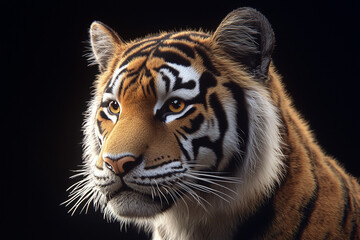 Fototapeta premium Majestic tiger gazing intently under even lighting against dark backdrop in a captivating moment