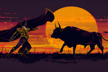Naklejka premium Matador faces bull at sunset