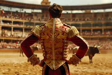 Obraz premium Matador facing the bull in a grand arena, adorned in an ornate red and gold traje de luces