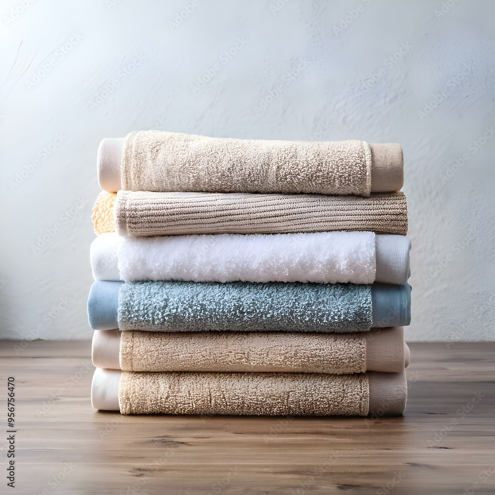 Poster a neat stack of fluffy towels in various colors on a rustic wooden table.