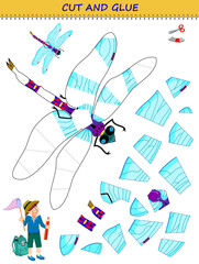 Use a scissors to cut and glue dragonfly. Educational page for little children. Logic puzzle game. Printable template with for kids. Developing skills for cutting and handwork. Flat cartoon vector.