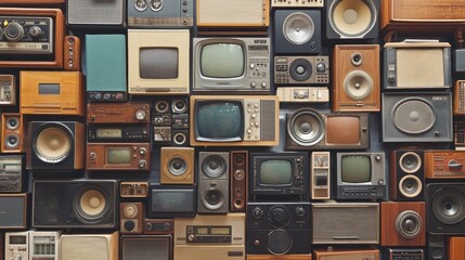 Obraz premium Old-fashioned televisions, radios, and speakers arranged in a repeating pattern. The image is perfect as a vintage backdrop, evoking memories of past eras.