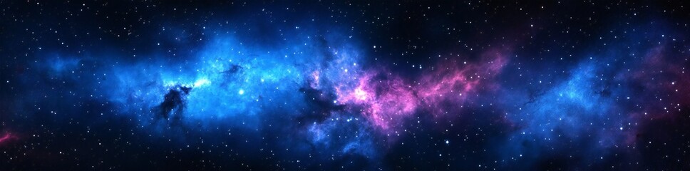 Naklejka premium Blue galaxy background with stars and nebulae, abstract space panoramic banner