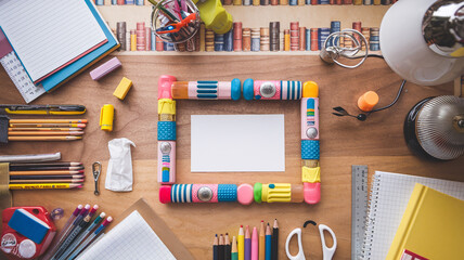 Fototapeta premium School supplies on wooden table, background with frame made of stationery and blank paper card in center.